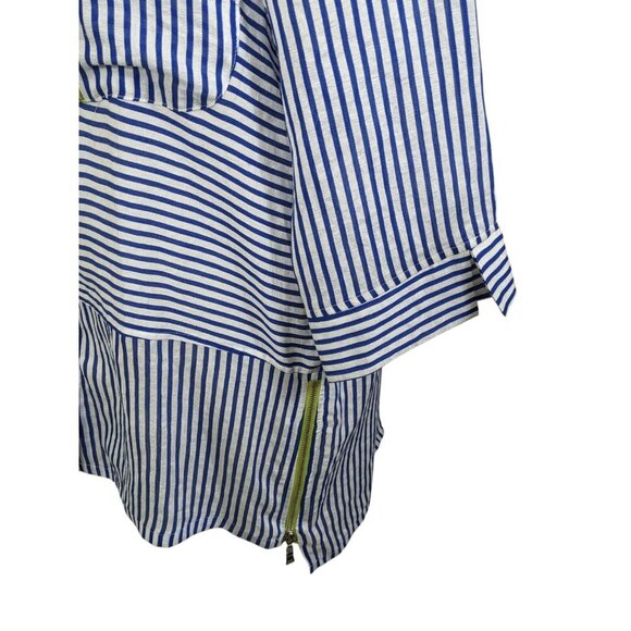 IC Connie K Button Up Shirt Blouse Womens L White Blue Striped Zippers Flax - Picture 8 of 11